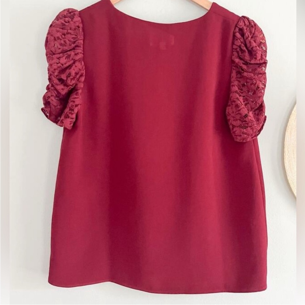 Sezane Colette Elegant Red Lace Sleeve Burgundy Women's Top - Picture 6 of 6